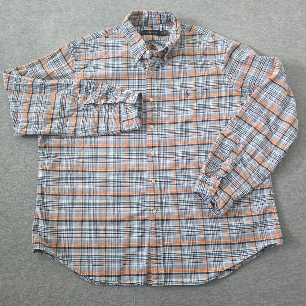 Ralph Lauren Mens XXL Blue Orange Plaid Cotton Button Down Long Sleeve Shirt - Picture 2 of 9